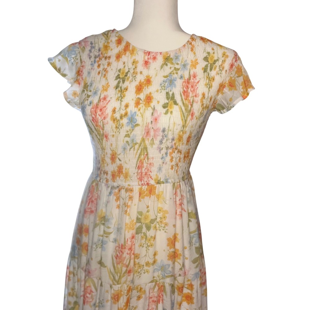 Floral Smocked Maxi Dress Tiered Flutter Sleeve Boho Cream Multi Color